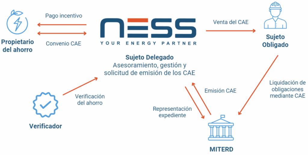 Actores participantes en el Sistema CAE con NESS en el centro como Sujeto Delegado